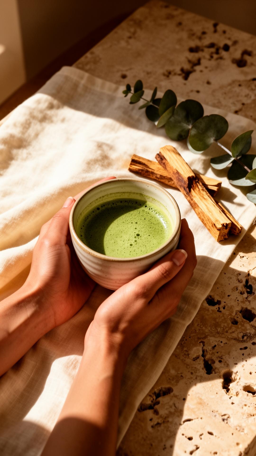 Hands cradling matcha in warm light — wellness ritual